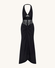 Ruched Lace Panel Maxi Dress - Black