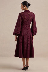 Jules | Burgundy Broderie V Neck Long Sleeve A-Line Midi Dress With Belt Detail