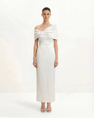 Satin Asymmetric Bow Maxi Dress - White