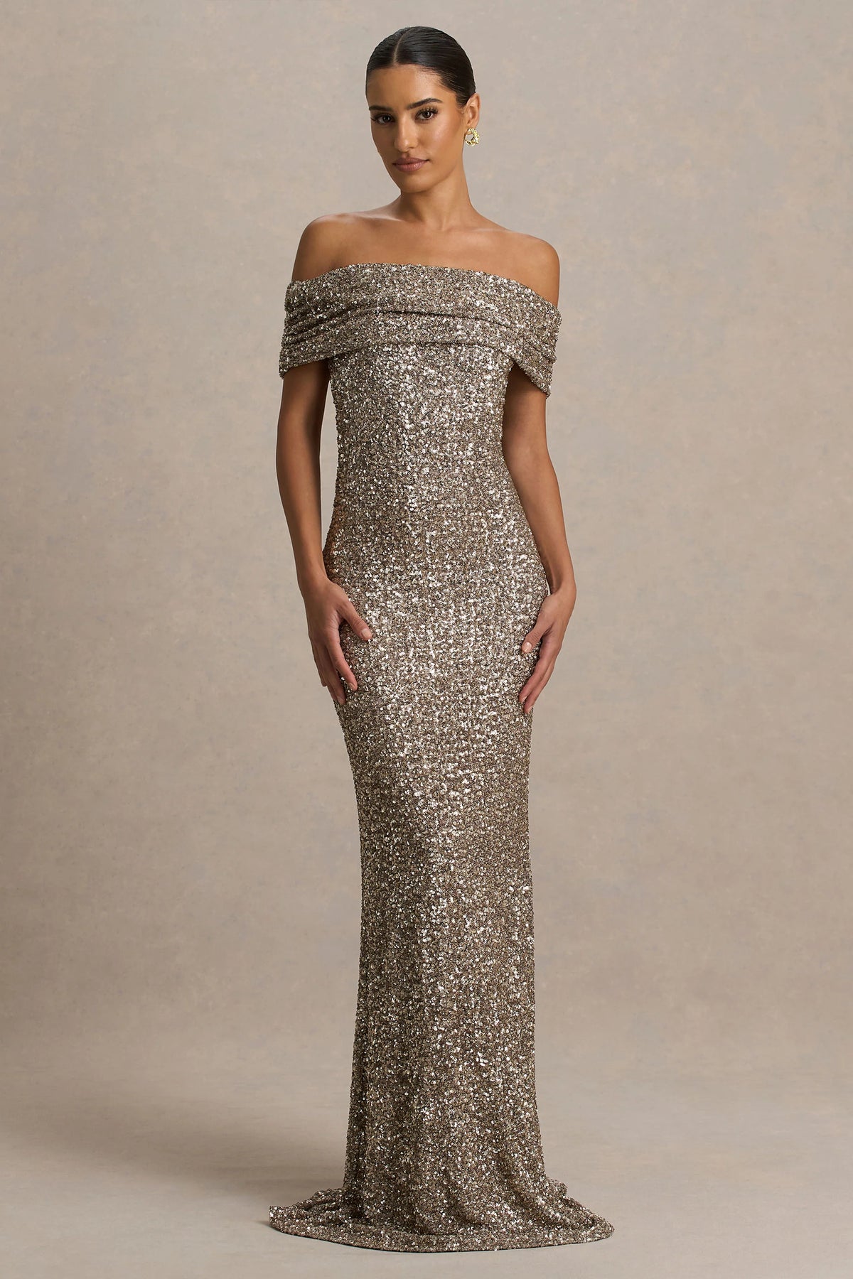Melina | Champagne Sequin Bardot-Neck Maxi Dress