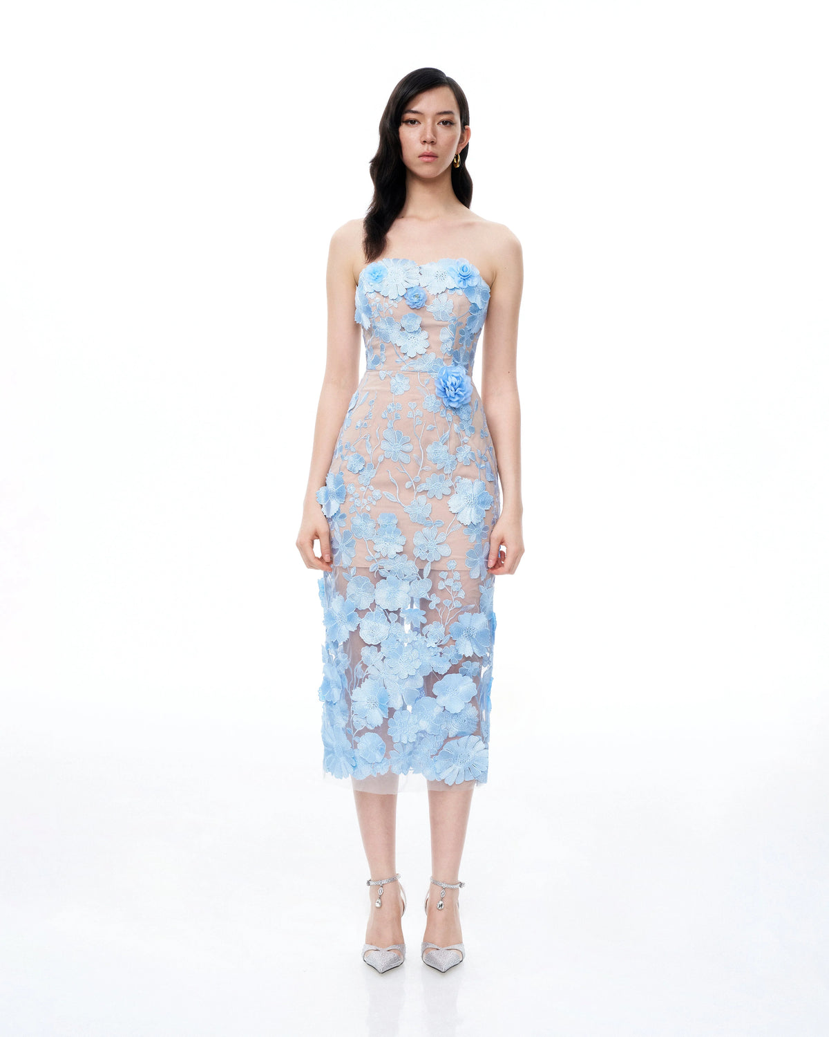 Evander 3D Floral Embroidered Maxi Dress - Blue