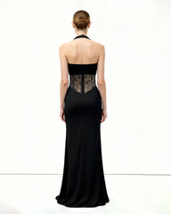 Ruched Lace Panel Maxi Dress - Black