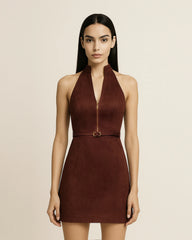 Faux Suede Halter Neck Zip-Front Mini Dress - Burgundy