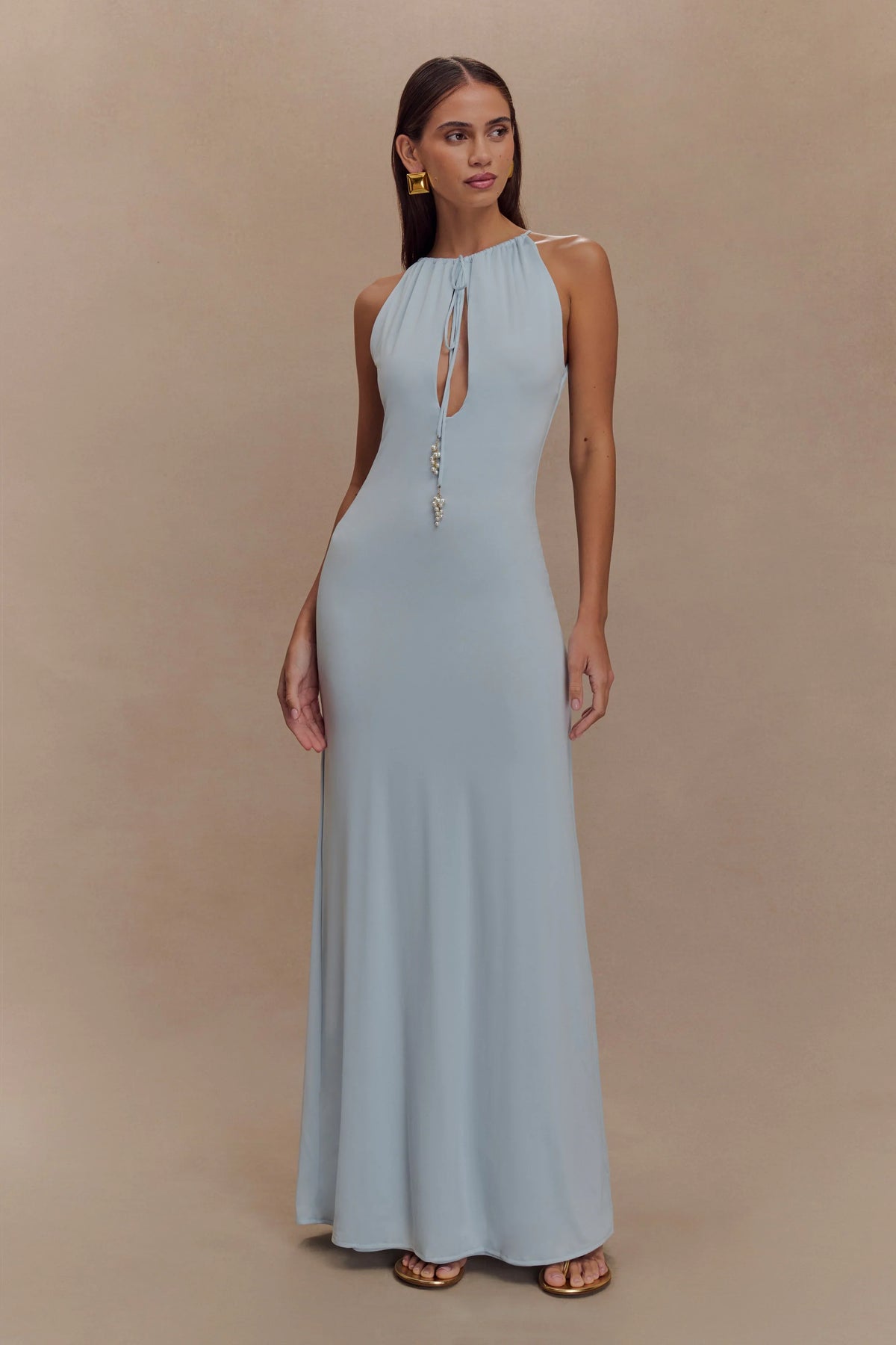 Beryl Slinky Maxi Dress With Pearls - Pale Blue