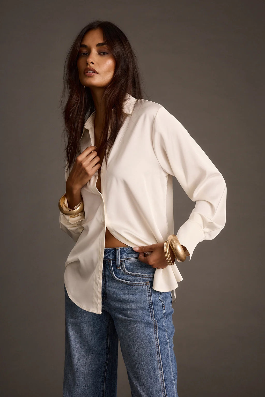 Marina Ivory Satin Button Down