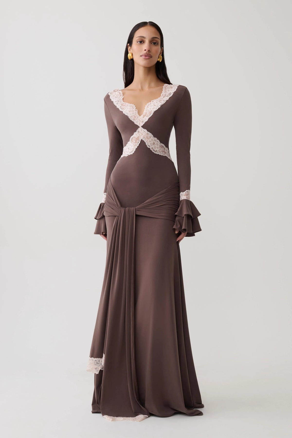 Electra Slinky Lace Maxi Dress - Chocolate/Ballet Pink