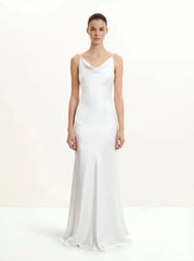 Satin Cowl-Neck Bow-Back Maxi Dress - White