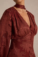 Sabina | Rust Devore Plunge-Neck Midi Dress