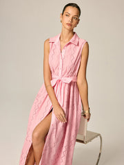 Eyelet Embroidery Belted Shirt Maxi Dress