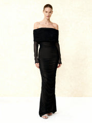 Ruched Off-Shoulder Mesh-Sleeve Mermaid Maxi Dress - Black