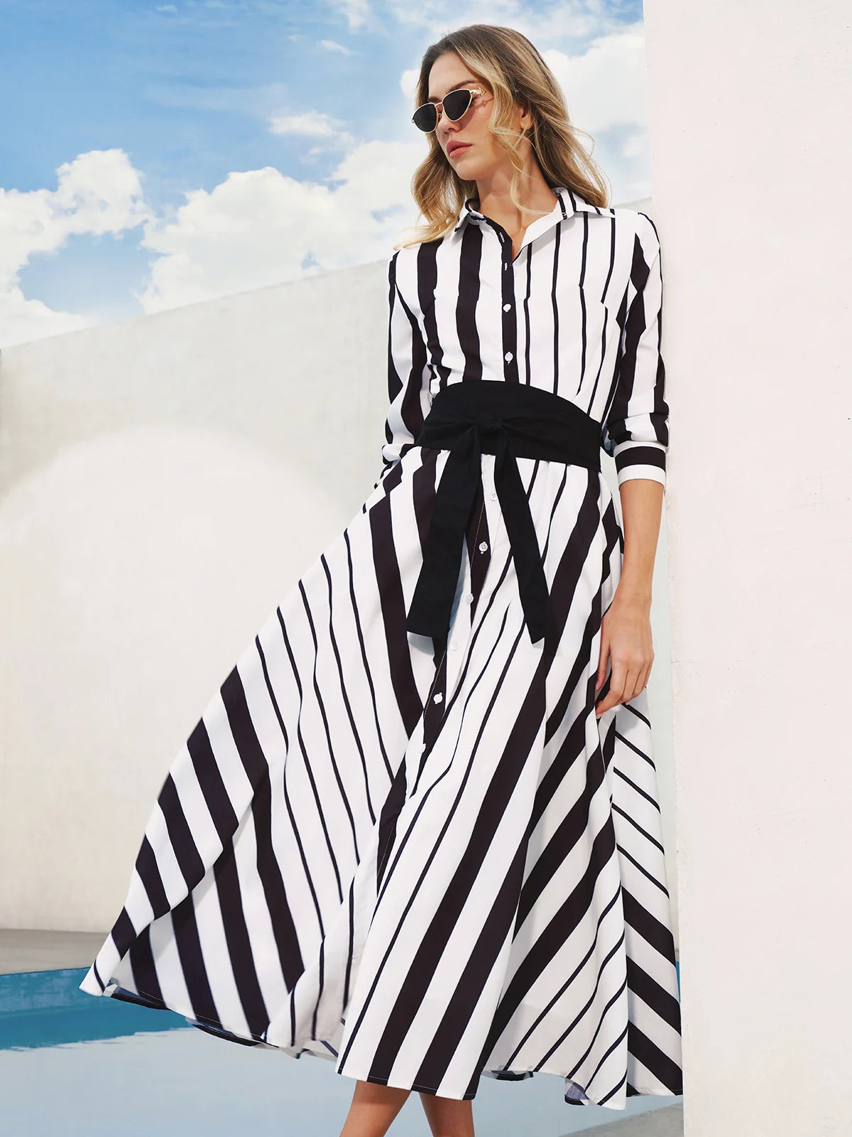 Striped Belted Shirt Midi Dress