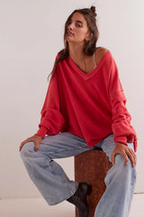 We The Free Venice V-Neck Sweatshirt-Red