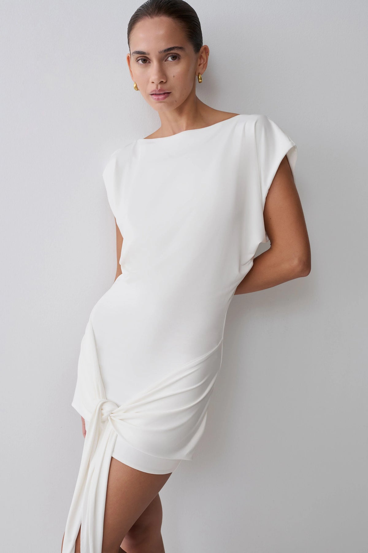 Maiara Shortsleeve Slinky Tie Mini Dress - White