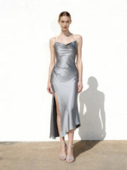 Liquid Satin Cowl-Slit Gown - Silver