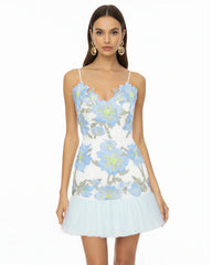 Floral Sling Mini Dress - Baby Blue