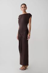 Maiara Shortsleeve Slinky Tie Maxi Dress - Chocolate