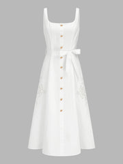 Eyelet Embroidery Belted Square Neck Maxi Dress