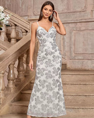 Glimmering Beauty Silver Sequin Sleeveless Column Maxi Dress