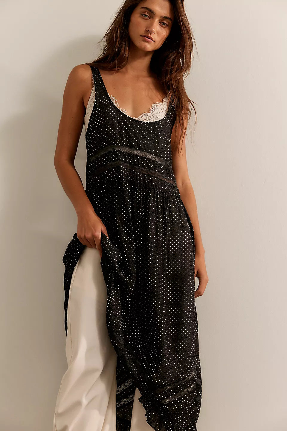 Voile and Lace Midi Slip Dress-Charcoal Combo