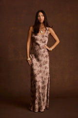 Orion Mocha Floral Satin Maxi Dress