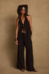 Clear Breeze Black Tie Linen Top
