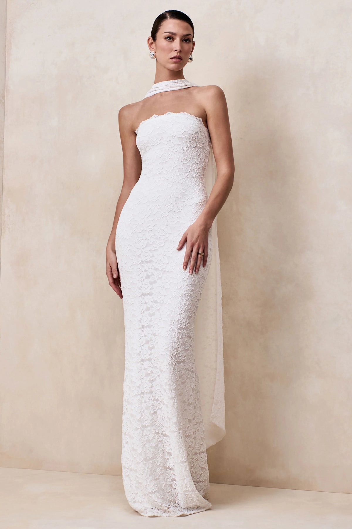 Massima | White Lace Bandeau Maxi Dress With Scarf Detail And Back Split