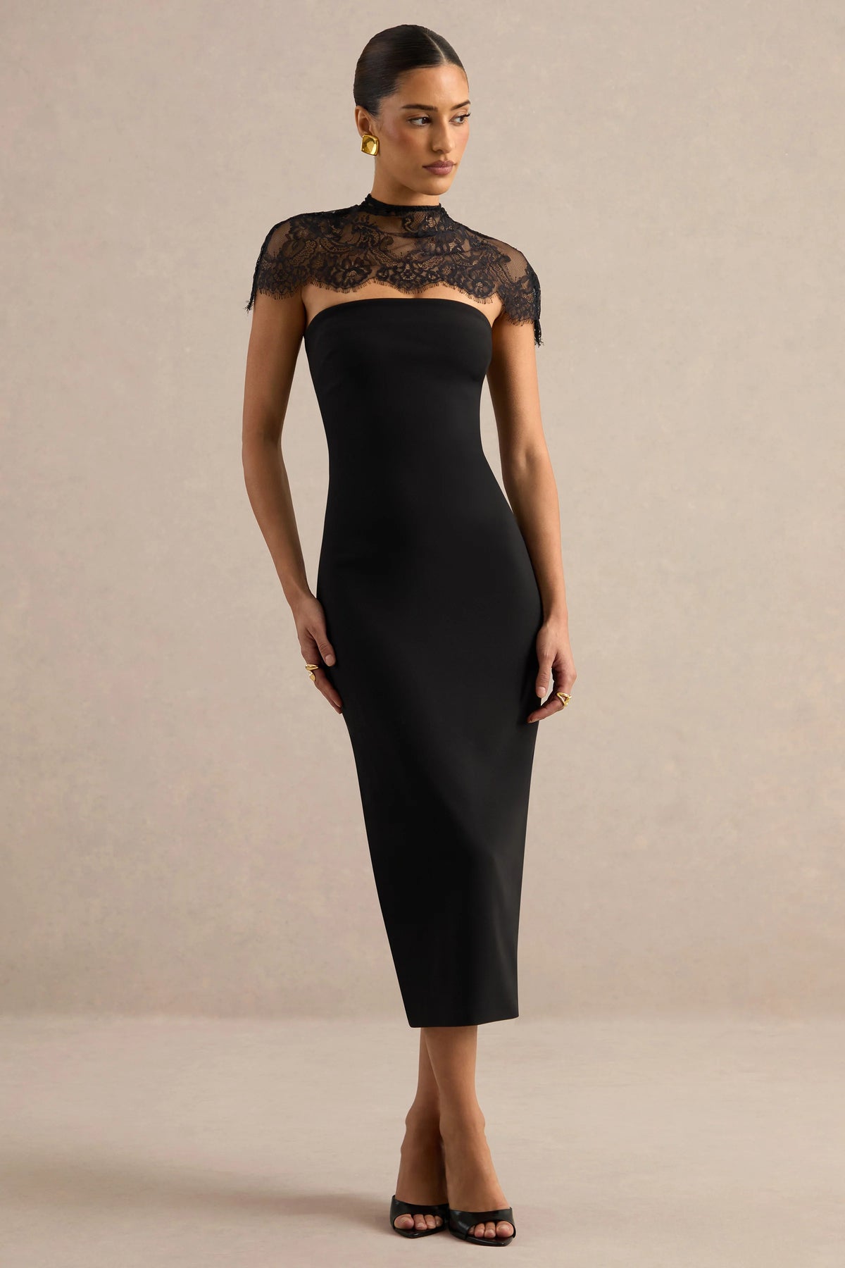 Navoria | Black Midi Dress With High Neck Detachable Short Sleeve Lace Cape