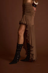 Evanna Brown High Low Ruffle Mesh Maxi Skirt