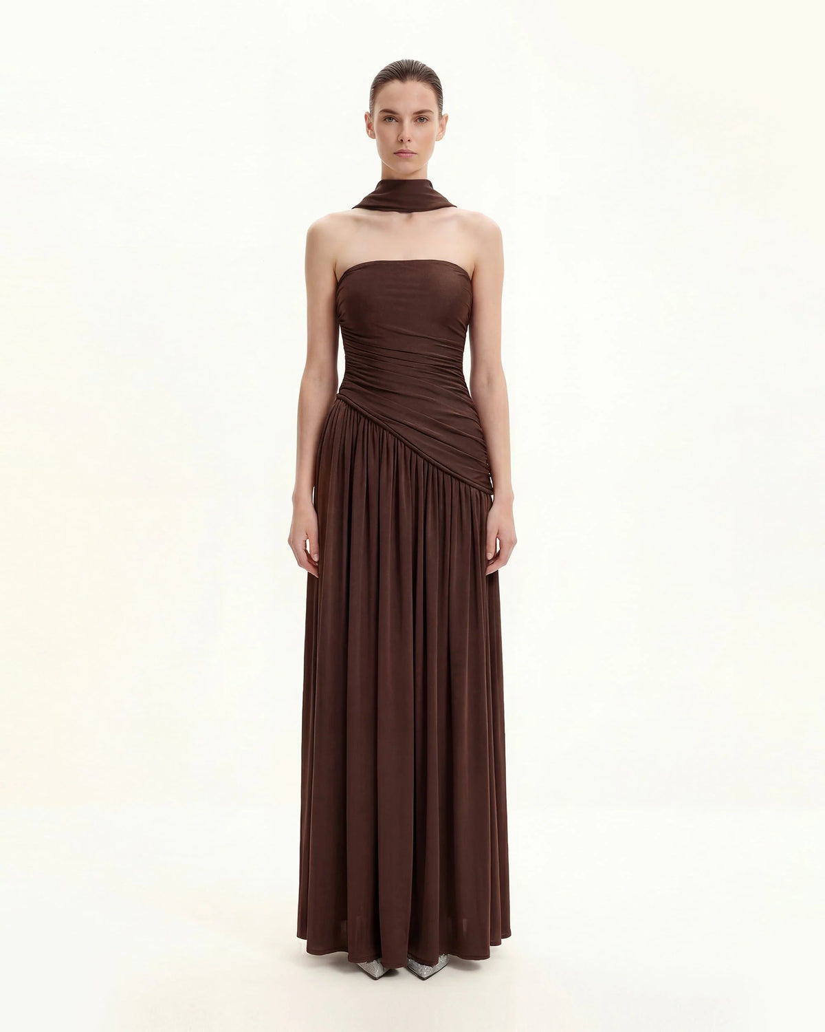 Ruched Panel Strapless Maxi Dress - Brown