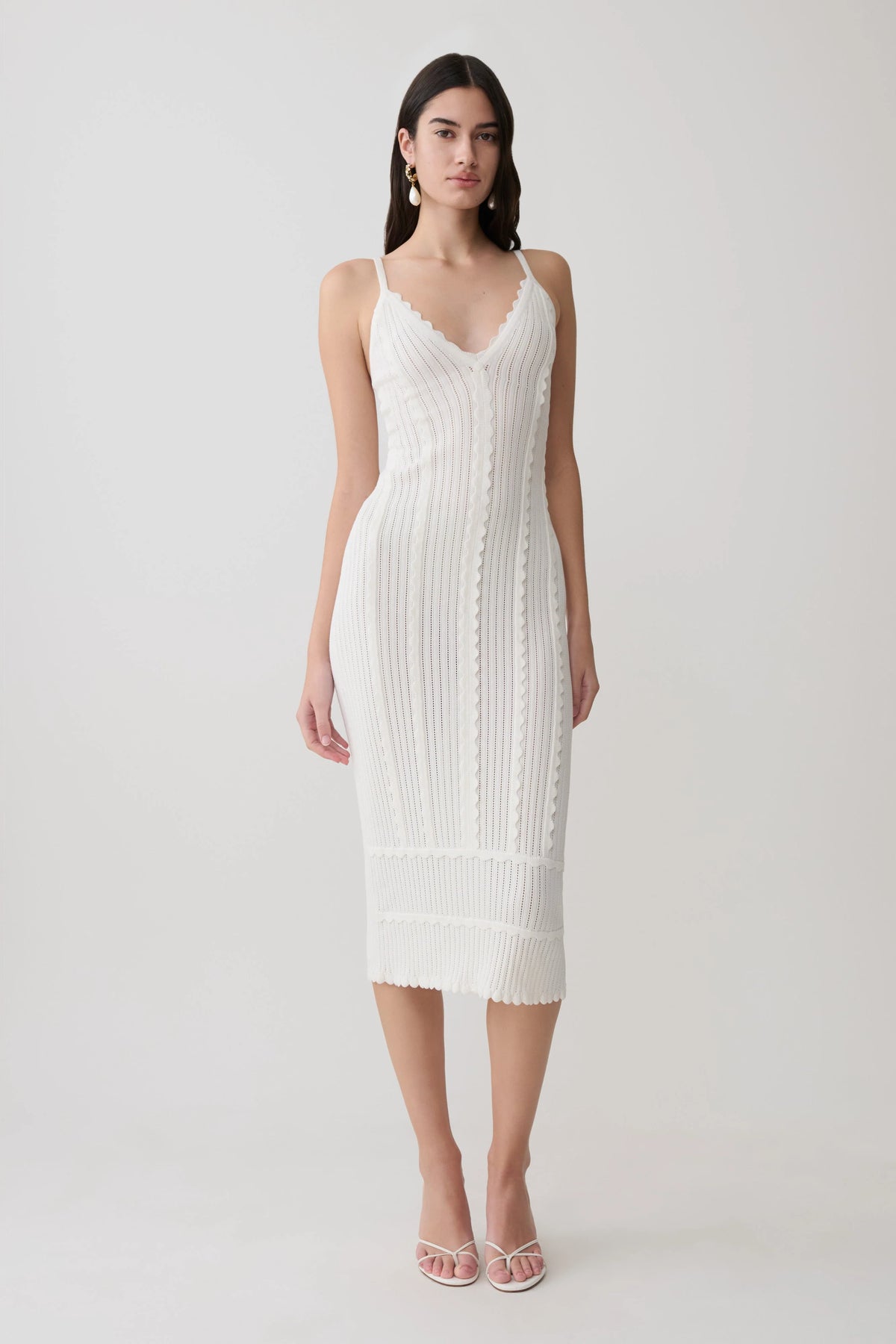 Cooper Scalloped Neckline Pointelle Midi Dress - White