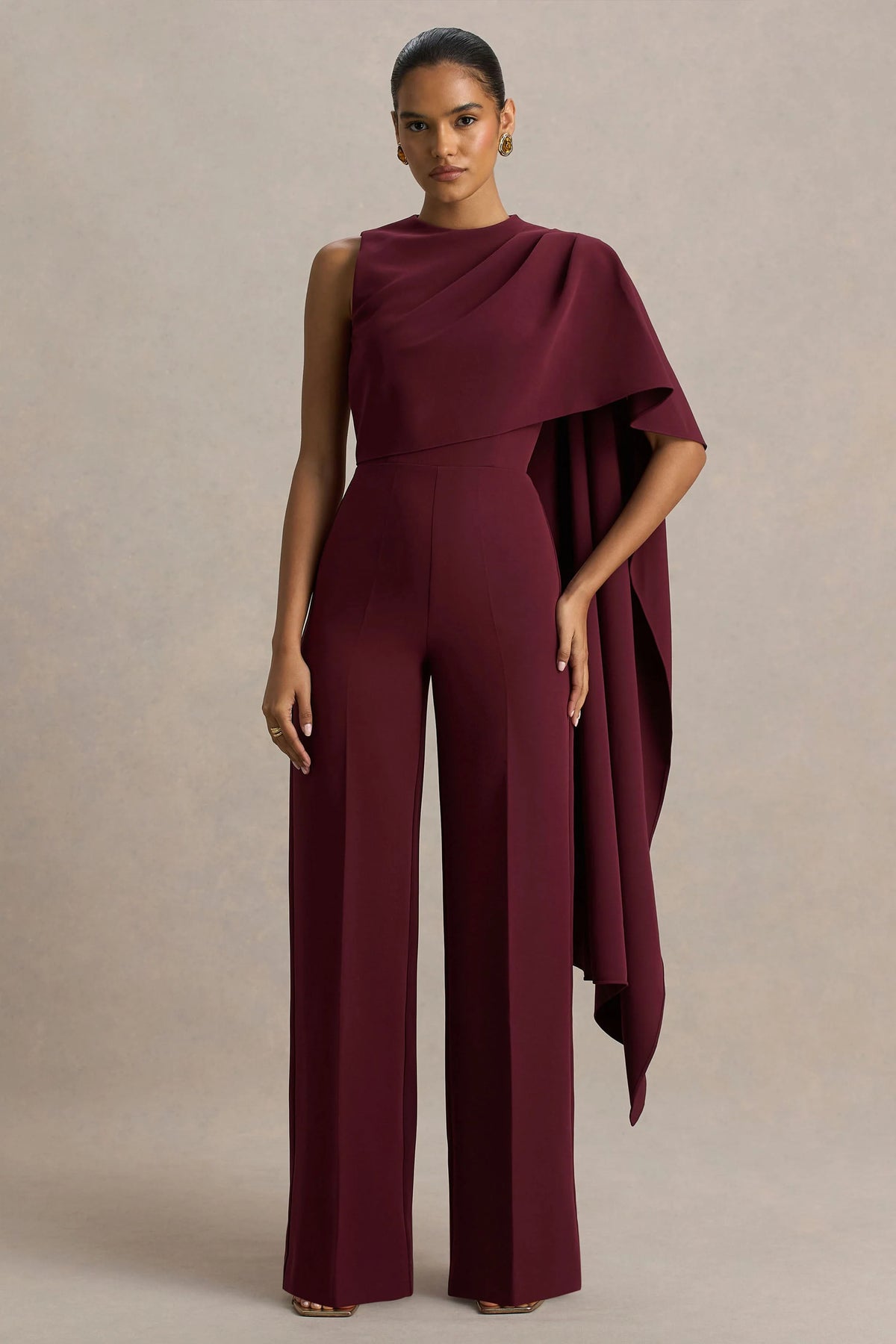 Sorenia | Burgundy High-Neck Jumpsuit With One-Cape Sleeve