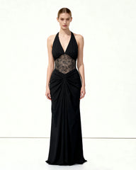 Ruched Lace Panel Maxi Dress - Black