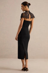 Navoria | Black Midi Dress With High Neck Detachable Short Sleeve Lace Cape