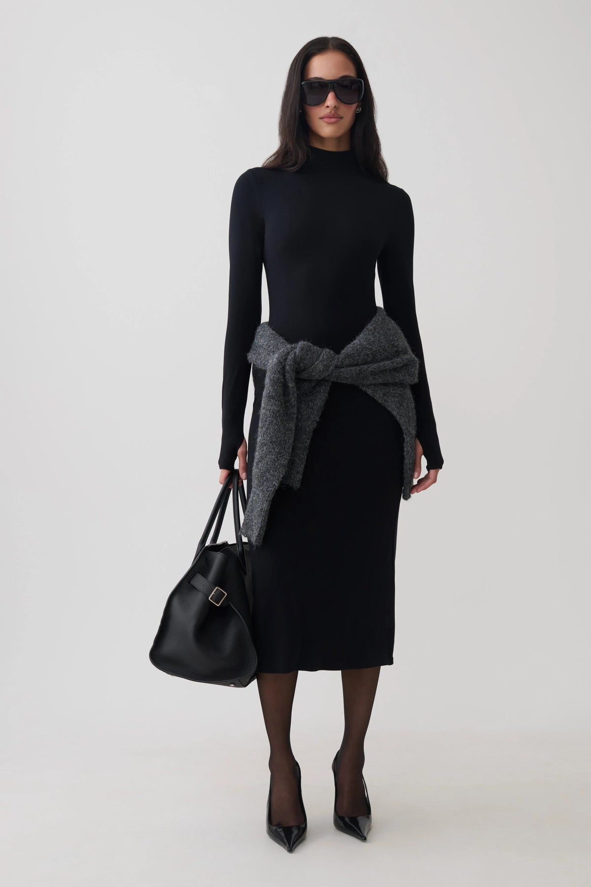 Noelle Longsleeve Roll Neck Midi Dress - Black