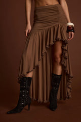 Evanna Brown High Low Ruffle Mesh Maxi Skirt