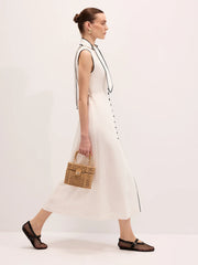 Linen Blend Contrast Piping Tie Neck Maxi Dress