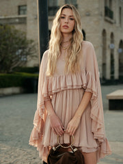 Semi-Sheer Chiffon Ruffle Dress With Outer Cape