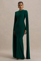 Isla | Bottle Green Crew-Neck Maxi Dress With Cape Sleeve