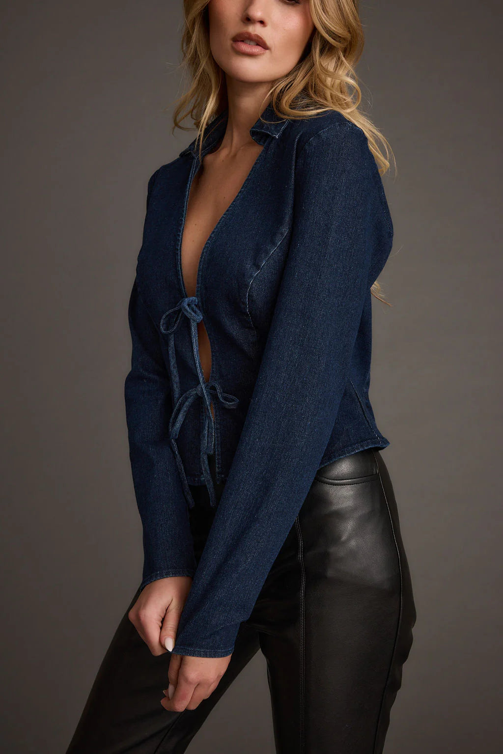 Taylor Open Tie Front Denim Top
