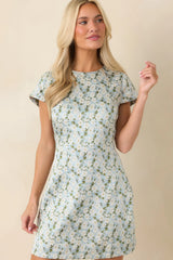 Petals on the Promenade Light Blue & White Floral Jacquard Mini Dress