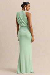 Umaira | Mint Ruched High Neck Maxi Dress With Draped Detailing