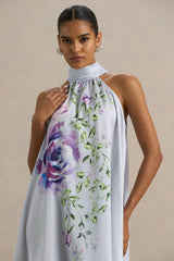 Evita | Powder Blue Rose Print High-Neck A-Line Mini Dress With Bow