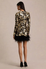 Lara | Black Velvet And Gold Embellished Sequin High-Neck Mini Dress With Feather Trim