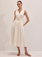 Cotton Linen Sleeveless Belted Midi Dress
