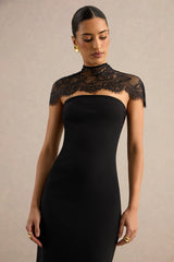 Navoria | Black Midi Dress With High Neck Detachable Short Sleeve Lace Cape