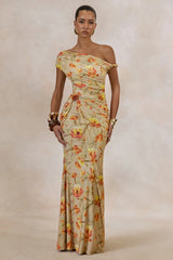 Asiya | Orange Floral Asymmetric-Neck Twist Strap Maxi Dress With Gathered Detailing