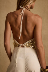 Cleo Gold Sequin Halter Tie Top