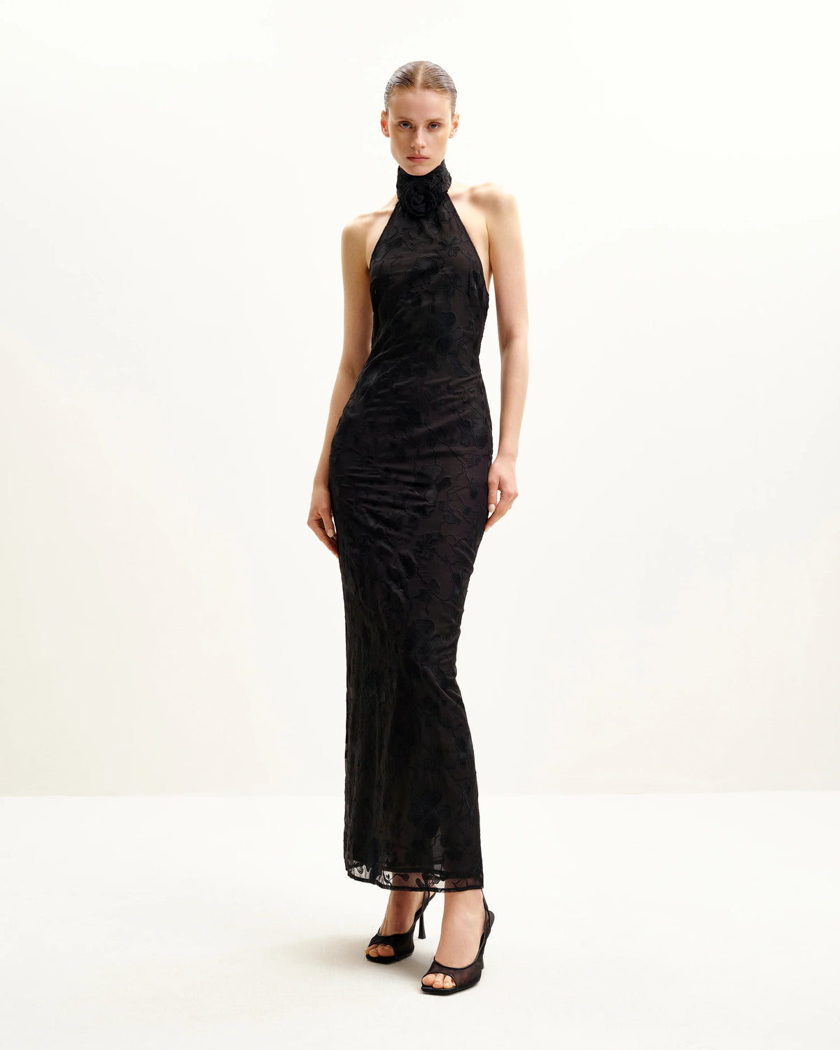 Uliana Black Floral Lace Halterneck Maxi Dress - Black
