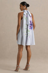 Evita | Powder Blue Rose Print High-Neck A-Line Mini Dress With Bow