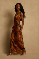 Mirabella Rust Printed Satin Maxi Dress